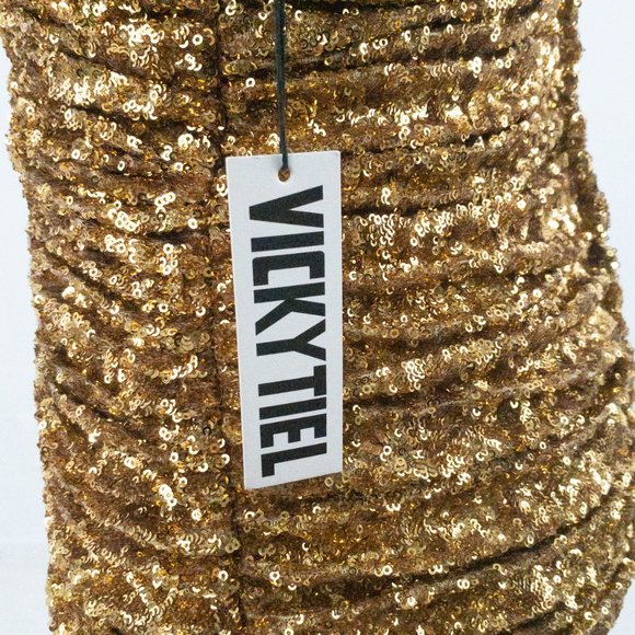 Vintage 90s SM Ruched Sequin Mini Party Dress Gold - Picture 3 of 16